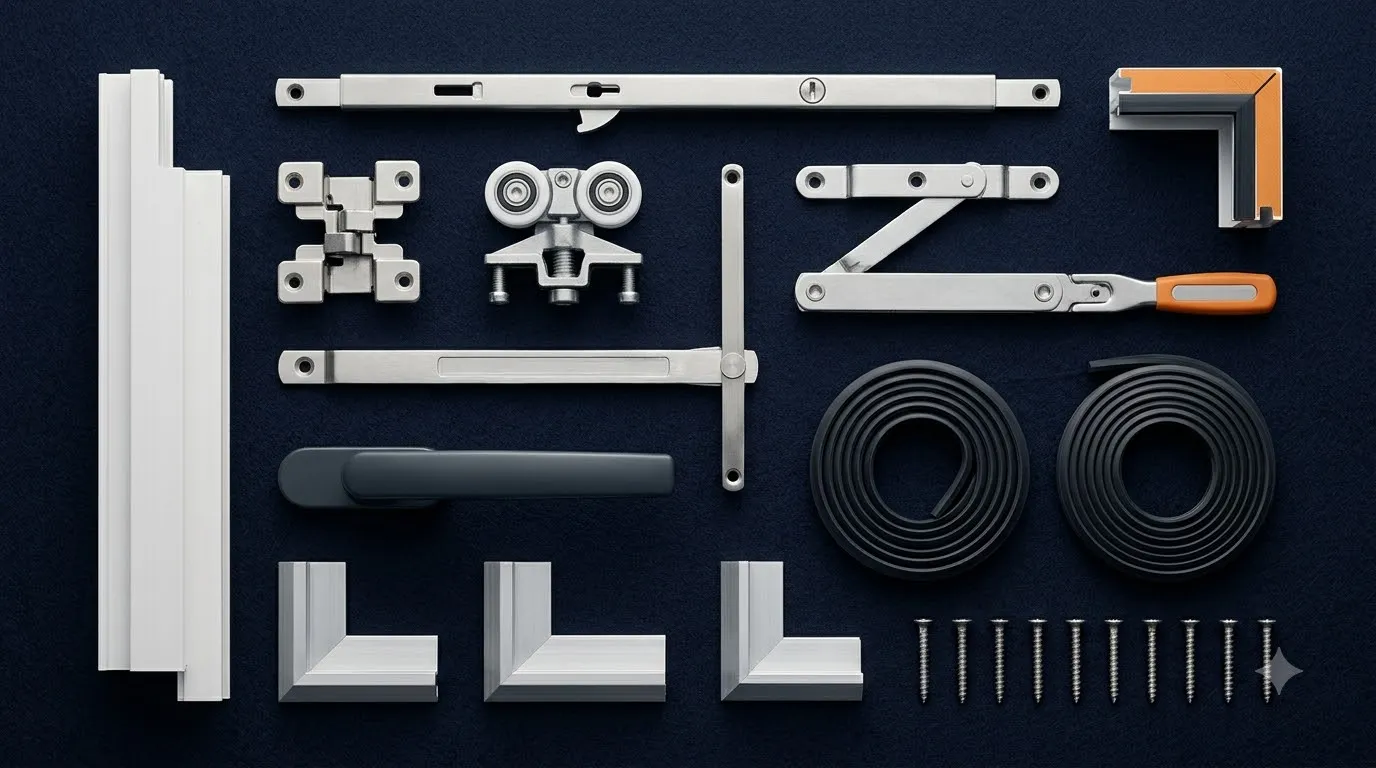 Window hardware laid out in a precise grid