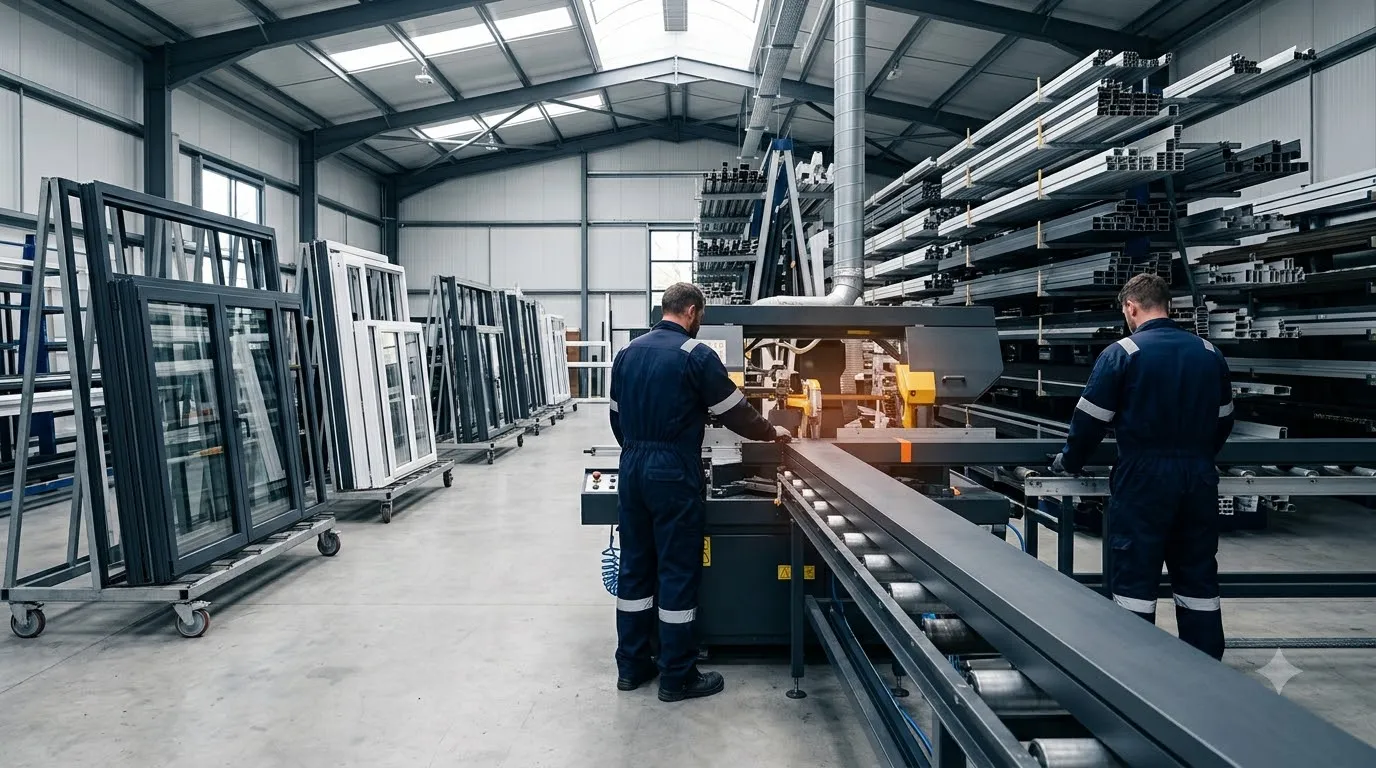 Workers operating aluminium fabrication equipment